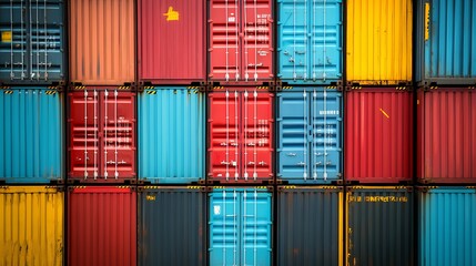 Fototapeta premium A colorful wall of stacked shipping containers in a cargo port terminal, showing a grid pattern of red, blue, and yellow corrugated metal.