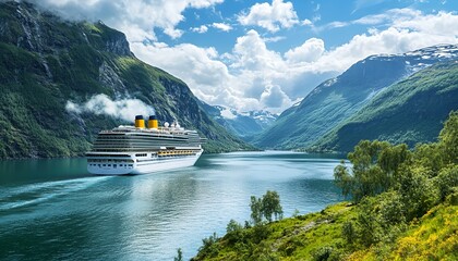 A cruise ship sailing through a scenic fjord surrounded by mountains and lush greenery.