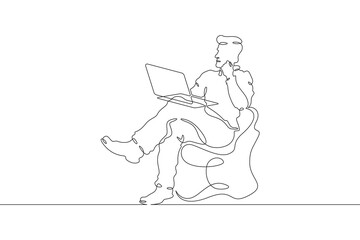 Continuous one line drawing man sitting with laptop. Programmer working at computer. Laptop on lap. Remote work. One continuous line isolated minimal illustration.