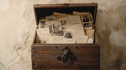 A vintage wooden chest filled with old letters and photographs, placed against a light beige background