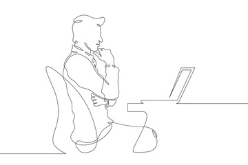 Continuous one line drawing a man works on a laptop. A programmer sits at a table and a computer. Work on the Internet online. One continuous line isolated minimal illustration.