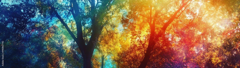 Poster a vibrant forest scene showcasing colorful trees and a mesmerizing play of light, perfect for nature