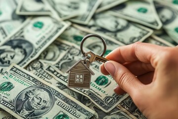 A detailed image of a hand holding a keyring with a house-shaped keychain, surrounded by floating dollar bills in sharp focus, Home purchase, mortgage savings