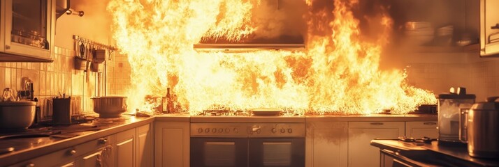 Obraz premium A kitchen engulfed in flames, depicting a dangerous fire hazard.