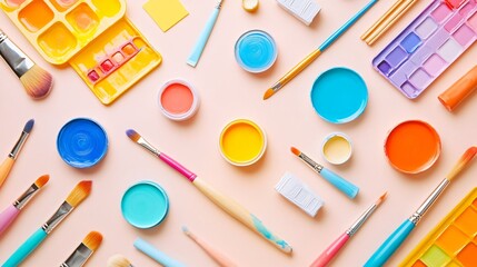 A vibrant still life arrangement featuring various art supplies such as paintbrushes, palettes, and tubes of paint against a light solid color background