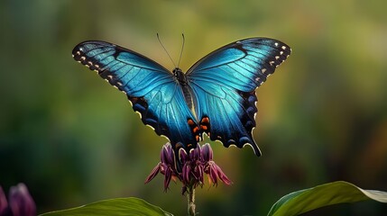 Fototapeta premium A blue butterfly atop a purple flower, foreground featuring green leaves; background softly blurred