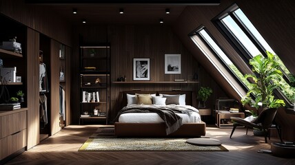 Modern bedroom with wooden accents, large windows, and stylish decor, creating a cozy and inviting atmosphere.