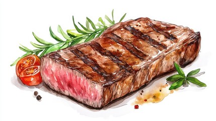 Watercolor of Delicious Grilled Beef Steak and red wine glass,Detailed Hand Drawn,Vector illustration,Freshly medium rare grilled beef steak, fried meat, close-up, isolated on white background.