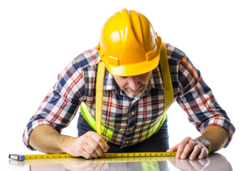 Worker measuring indoors with tape isolated on transparent background