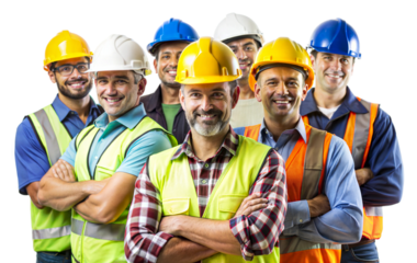Smiling construction workers in safety gear isolated on transparent background
