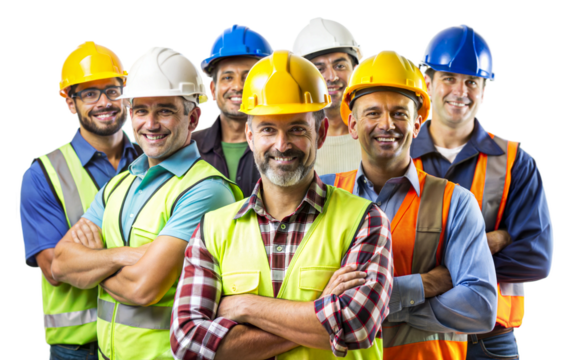 Smiling construction workers in safety gear isolated on transparent background