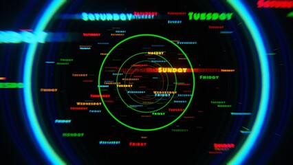 Abstract spiral with days of the week in neon colors on a dark background.