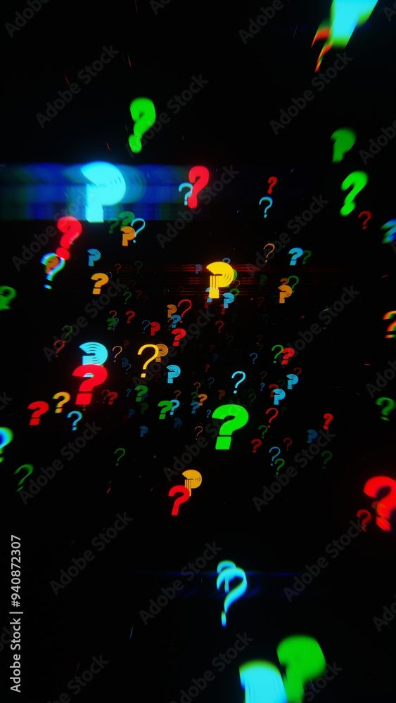 Poster abstract digital art: floating question marks on a dark background.