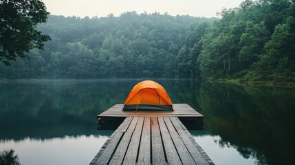 Serene scene of a tent on a wooden dock by an empty, uninhabited lake, offering a quiet escape from civilization