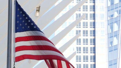 New York, american flag waving. World Trade Center. Manhattan downtown. Symbol of freedom, democracy, liberty, patriotism. Star-Spangled Banner, Old Glory. Stars and Stripes. 11 September memorial day