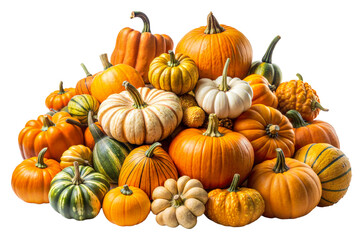 Colorful collection of pumpkins at a fall market isolated on transparent background