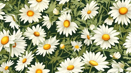 Vintage luxury seamless pattern of watercolor chamomile flowers, with warm yellow and pristine white blooms nestled among soft green leaves, evoking a sense of timeless elegance