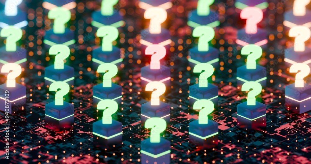 Poster Glowing Question Marks on Circuit Board Background Representing Digital Innovation and Problem Solving