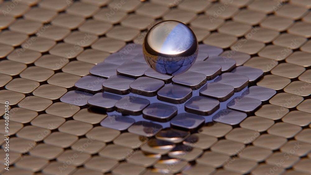 Poster metallic sphere on textured tile surface reflecting light in a futuristic design