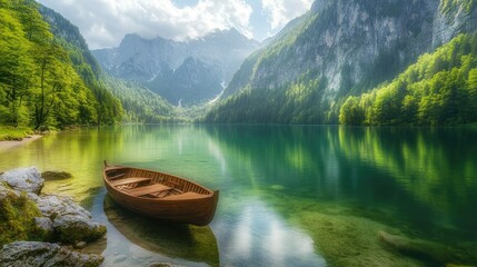 Obraz premium Stunning view of a boat on a serene lake, surrounded by lush forests and towering mountains, with no people