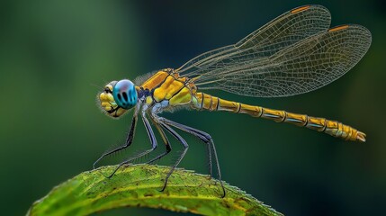  A tight shot of a dragonfly perched on a verdant leaf against a softly blurred background