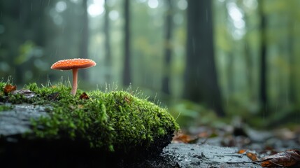  A tiny mushroom atop a moss-laden log within a damp forest, as rain cascades downwards - Powered by Adobe