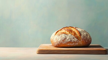 A freshly baked loaf of bread resting on a wooden cutting board with a light solid color background