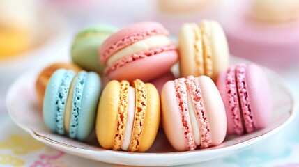An assortment of colorful macarons arranged on a delicate plate with a soft pastel background