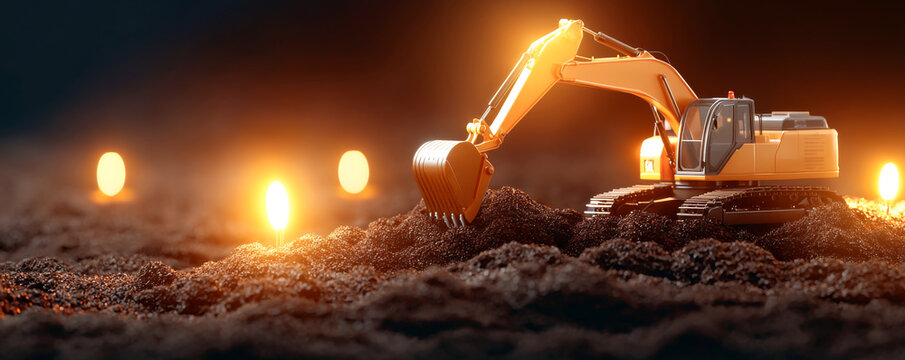 A close-up view of a construction excavator at work, illuminated by soft lights, showcasing its power and efficiency in excavation.