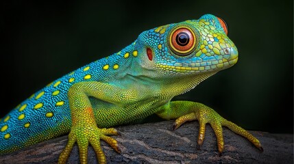 Fototapeta premium A tight shot of a blue-yellow lizard perched on a rock, displaying yellow speckles on its hind legs