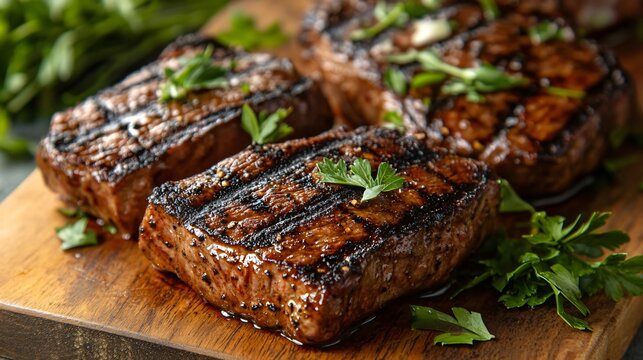 A close-up of perfectly grilled steak with grill marks, surrounded by fresh herbs on a wooden cutting board - Powered by Adobe