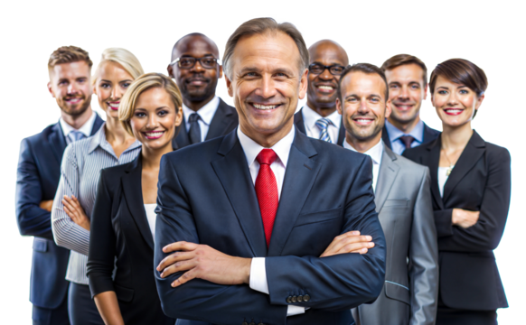 Team poses confidently in suits isolated on transparent background