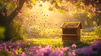 A serene landscape of a beehive in a blooming garden, with bees actively flying around, capturing the essence of nature and beekeeping