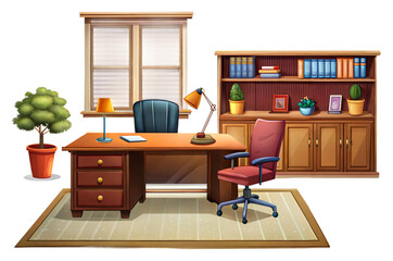 Cozy office workspace with desk and bookshelves isolated on transparent background