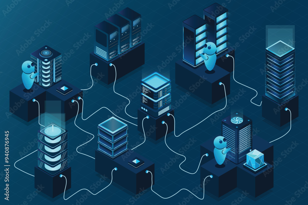 Poster 3d isometric concept big data center with server. cloud computing. network mainframe infrastructure.