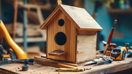 A close-up view of a wooden birdhouse being assembled with tools and materials scattered around, showcasing the craftsmanship involved