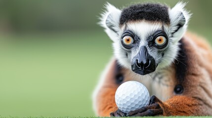 A curious monkey holding a golf ball, showcasing a playful interaction between wildlife and sports in a vibrant green setting.