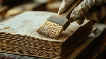 A close-up of aged book pages being gently cleaned with a soft brush, emphasizing attention to detail in restoration