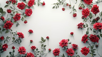 Closeup of red roses against a light grey background with copy space on the right