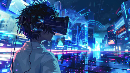 anime characters playing vr games with game world background