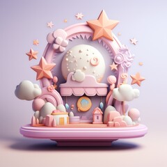 A whimsical 3D scene with pastel colors, featuring stars, clouds, and a charming display of playful elements for creative projects.