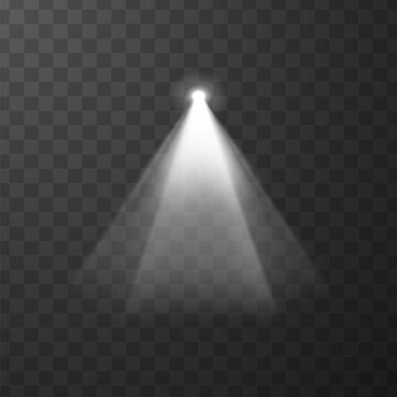 Spotlight cone vector effect, white projector light beam from top, bright lighting with spotlight, illuminated blur rays