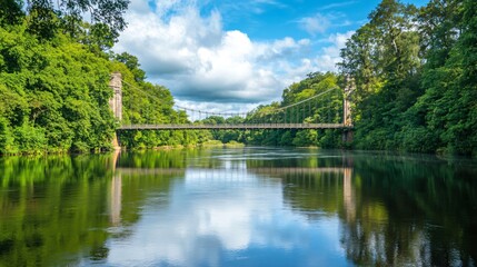 A modern suspension bridge spanning a serene river with reflections on the water, surrounded by lush greenery