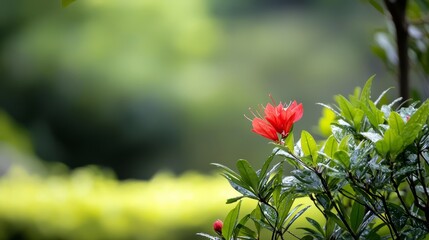  A red flower atop a lush, green forest of leaves teeming with numerous green foliage