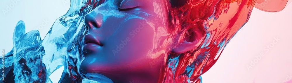 Poster abstract portrait of a serene face immersed in vibrant colors, blending water and art for a captivat