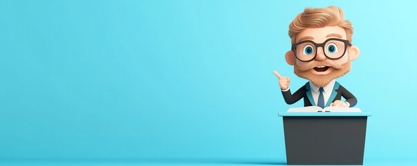 A cheerful cartoon businessman at a desk, engaged and ready to present ideas with an inviting expression and vibrant background.