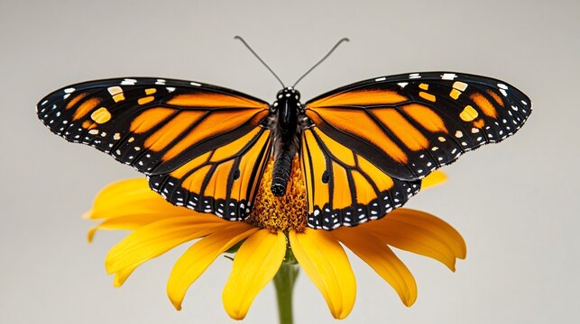 A close-up of a vibrant monarch butterfly resting on a soft yellow flower, showcasing intricate wing patterns against a light solid color background