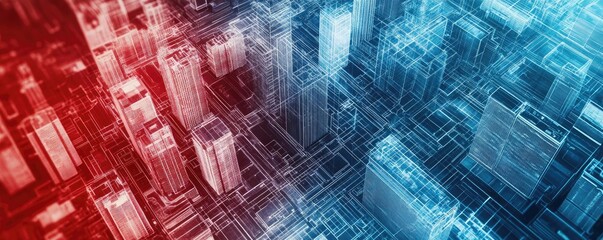 Obraz premium Aerial view of a futuristic cityscape with illuminated buildings, showcasing a blend of red and blue tones in a digital style.