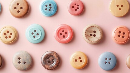 A close-up shot of various realistic buttons, showcasing different textures and colors against a soft pastel background