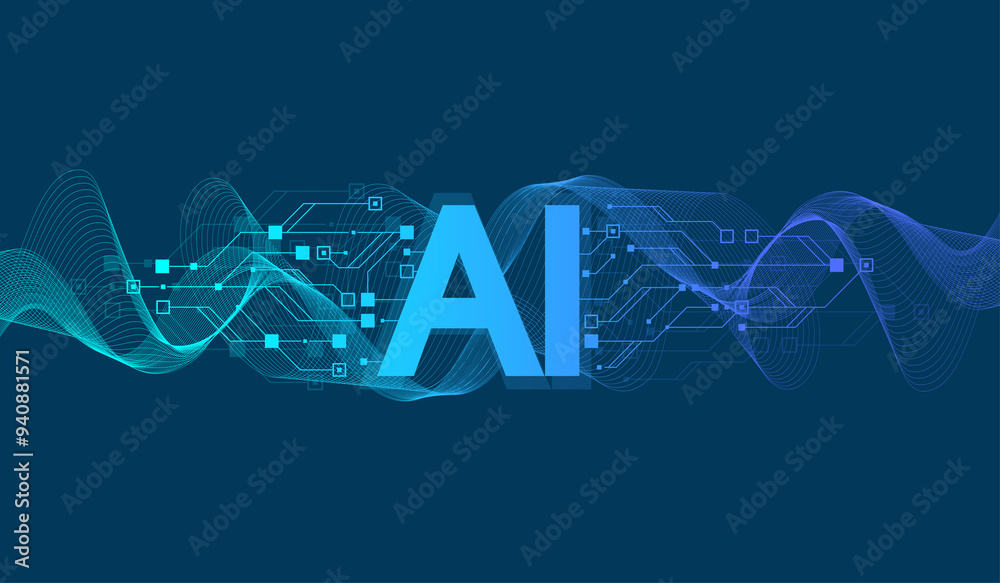 Poster Artificial Intelligence or machine learning illustration design. Quantum computer technology concept with circuit board and motherboard texture background design. Waves flow quantum explosion